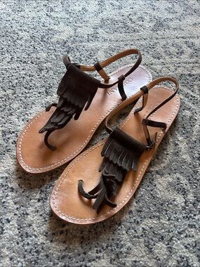 Cordani Brown Leather Fringe Toe-Ring Sandals with Dark Fringe